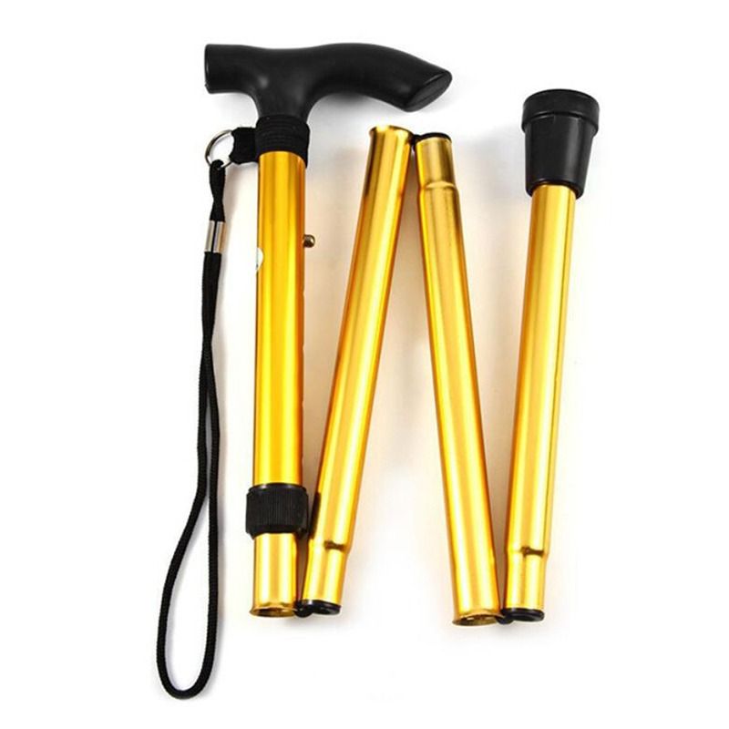 Folding Walking Stick Adjustable Aluminium Alloy Hiking Pole Lightweight Collapsible Trekking Cane for Camping Travel Outdoor Activities - Gold