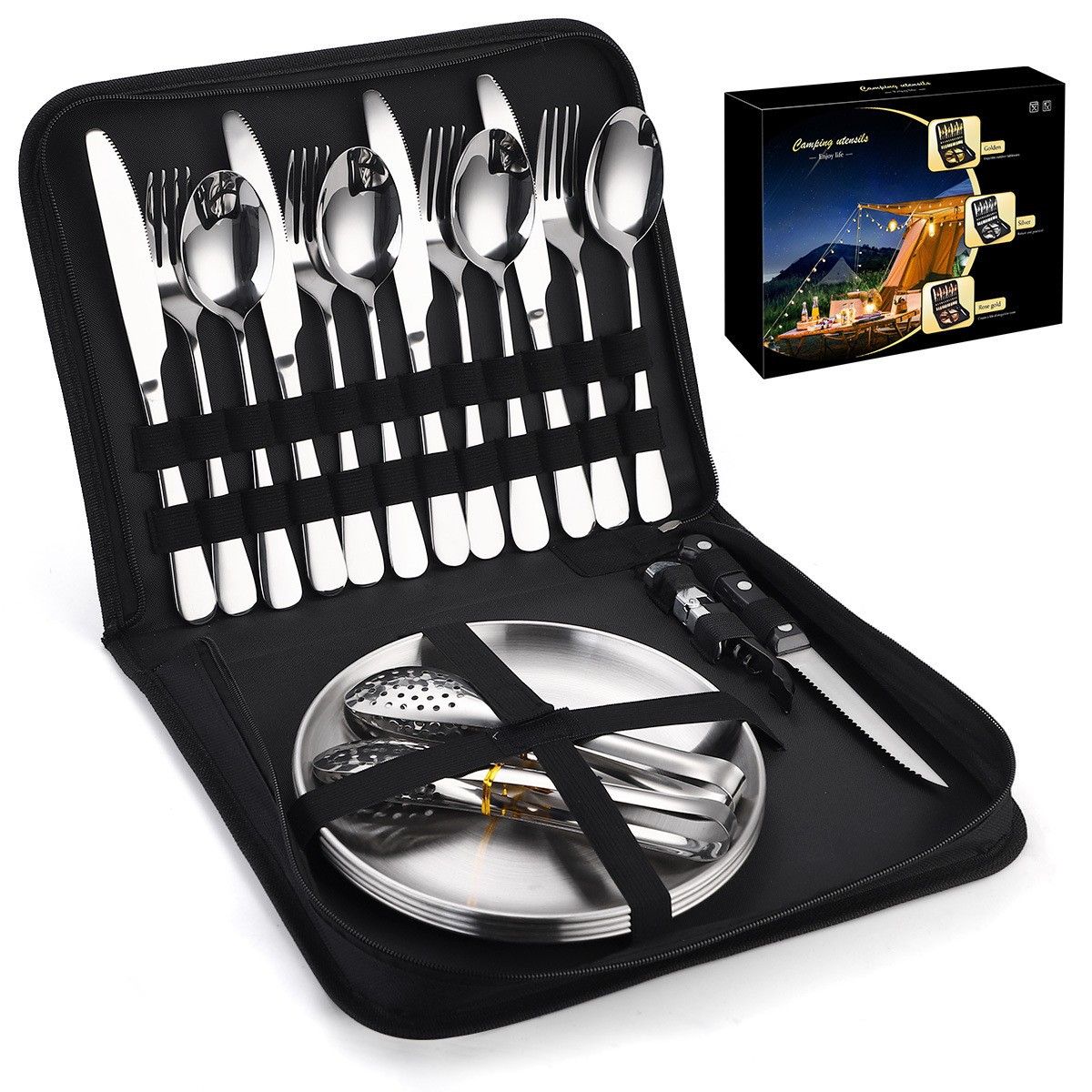 20Pcs Portable Camping Cutlery Set, Stainless Steel Picnic Utensils with Plates and Bottle Opener, Portable Cooking Utensils for 2, for Camping, Picnic, Outdoor Hiking