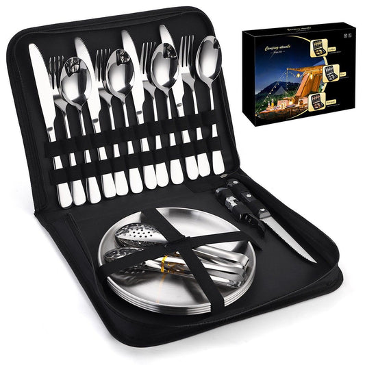 20Pcs Portable Camping Cutlery Set, Stainless Steel Picnic Utensils with Plates and Bottle Opener, Portable Cooking Utensils for 2, for Camping, Picnic, Outdoor Hiking
